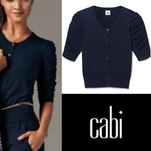 CAbi “Core Cardigan” Lightweight Sweater Navy Blue ruched sleeve - M
